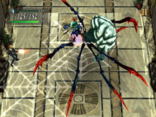 Aya standing in a web and shooting a giant spider